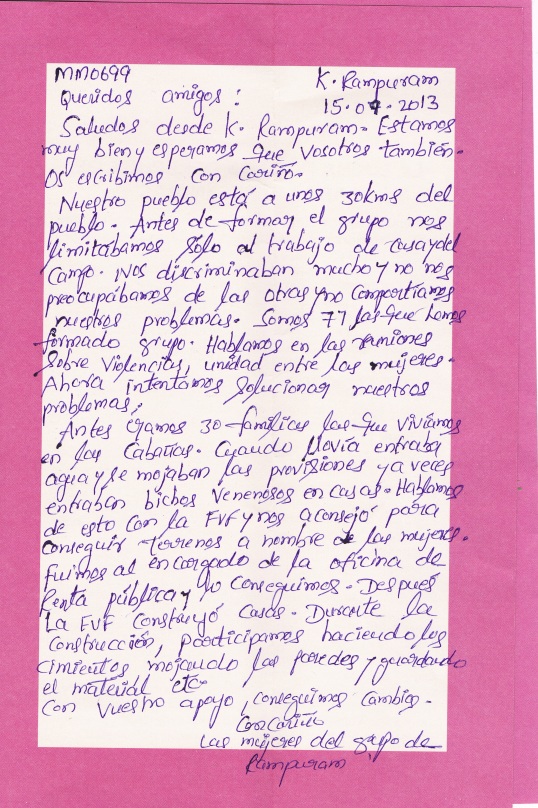 Carta del Shangam de mujeres de K. Rampuran